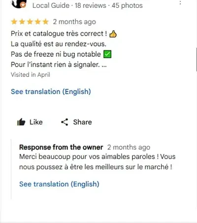 Avis client – 5 étoiles, service premium et fiable